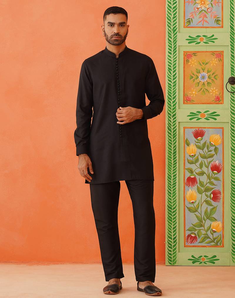 Black cotton jacquard cotton kurta pajama