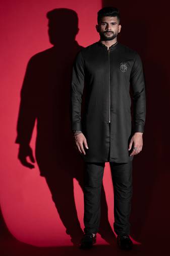 Black lion embroidery front open kurta pajama