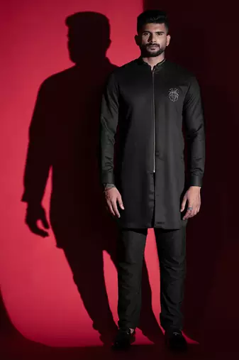 Black lion embroidery front open kurta pajama