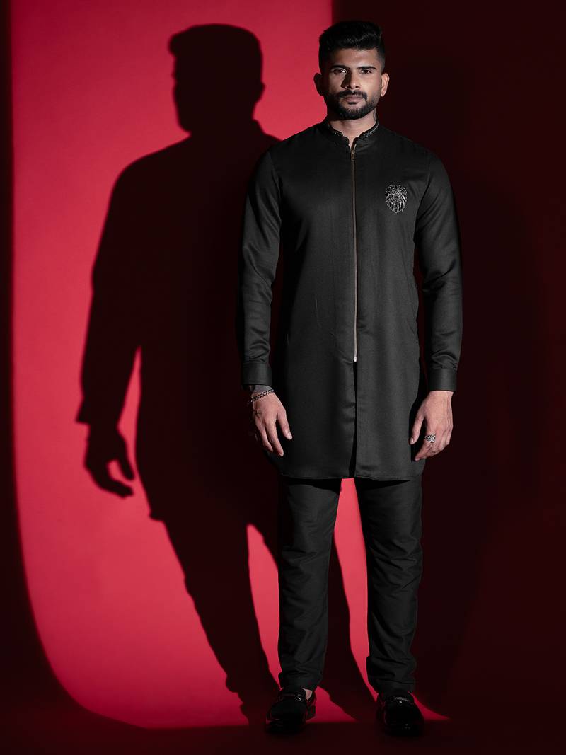 Black lion embroidery front open kurta pajama