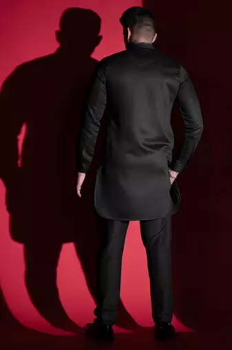 Black lion embroidery front open kurta pajama