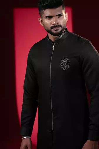 Black lion embroidery front open kurta pajama