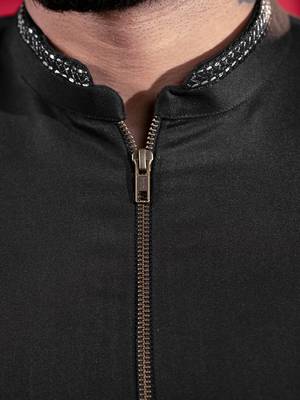 Black lion embroidery front open kurta pajama 5