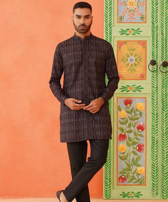 Front open charcoal black printed kurta pajama with embroidery highlights 1