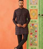 Front open charcoal black printed kurta pajama with embroidery highlights