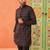 Front open charcoal black printed kurta pajama with embroidery highlights