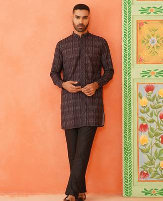 Front open charcoal black printed kurta pajama with embroidery highlights 5
