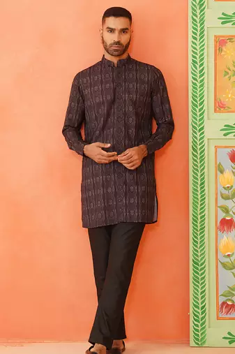 Front open charcoal black printed kurta pajama with embroidery highlights