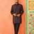 Front open charcoal black printed kurta pajama with embroidery highlights