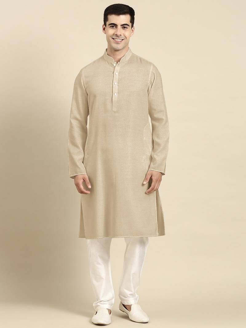 Beige twill weave cotton kurta  set