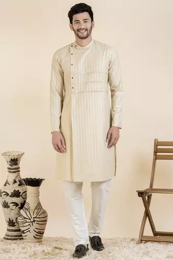 Beige self design side placket cotton kurta pajama