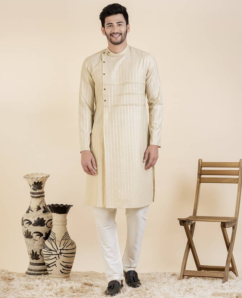 Beige self design side placket cotton kurta pajama