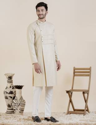 Beige self design side placket cotton kurta pajama 5
