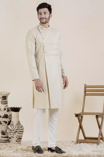 Beige self design side placket cotton kurta pajama