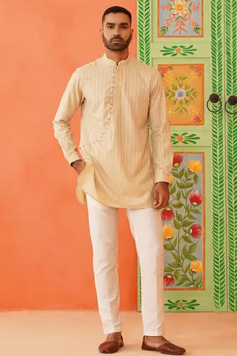 Beige self design cotton kurta pajama