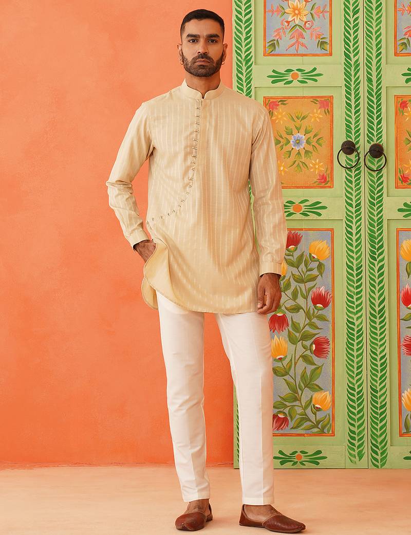 Beige self design cotton kurta pajama