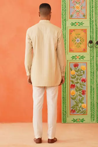Beige self design cotton kurta pajama