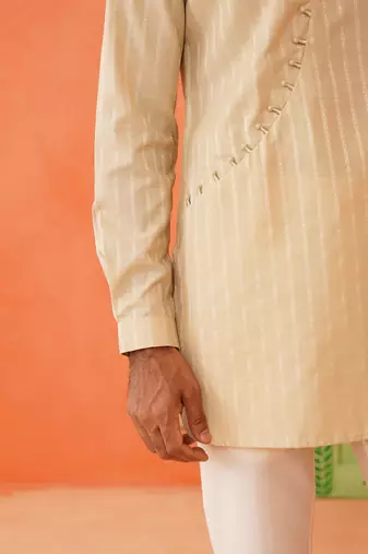 Beige self design cotton kurta pajama