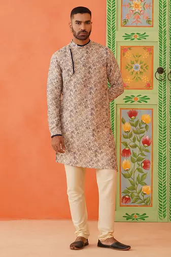 Beige kantha design printed kurta pajama