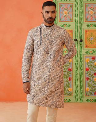 Beige kantha design printed kurta pajama 2