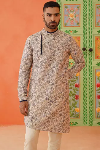 Beige kantha design printed kurta pajama