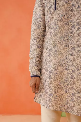 Beige kantha design printed kurta pajama