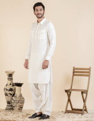 Cream cotton pathani with salwar 1