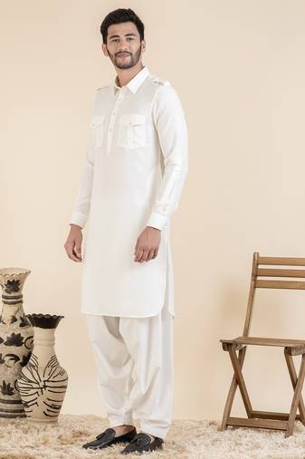 Cream cotton pathani with salwar