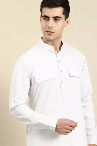 White cotton pathani kurta pajama with patch pocket