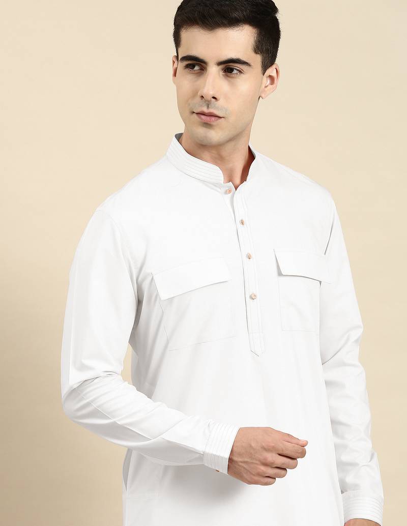 White cotton pathani kurta pajama with patch pocket