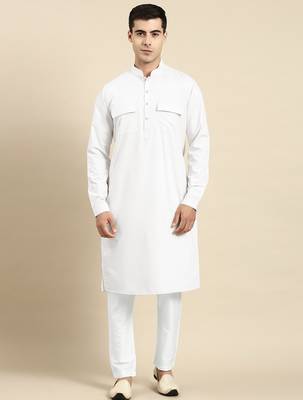 White cotton pathani kurta pajama with patch pocket 2
