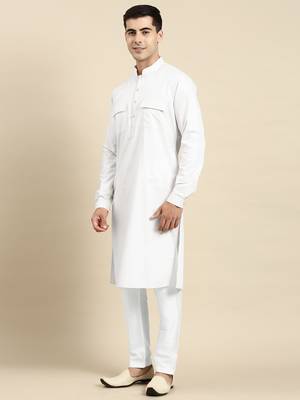 White cotton pathani kurta pajama with patch pocket 4