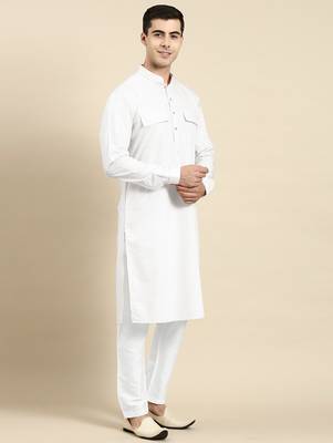 White cotton pathani kurta pajama with patch pocket 5