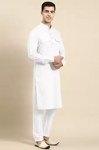 White cotton pathani kurta pajama with patch pocket