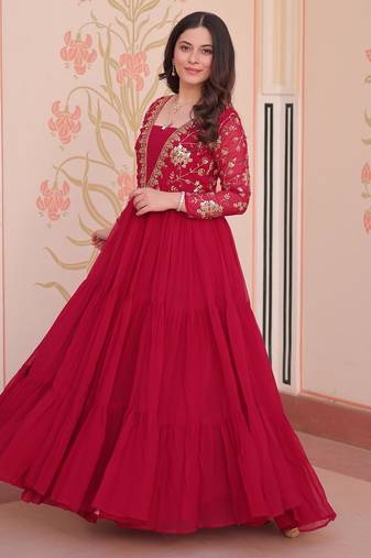 Pink Faux Georgette Embroidery Zari Sequins Ruffle Flared Gown