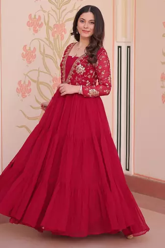 Pink Faux Georgette Embroidery Zari Sequins Ruffle Flared Gown