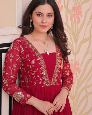 Pink Faux Georgette Embroidery Zari Sequins Ruffle Flared Gown 3