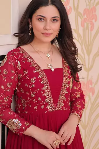 Pink Faux Georgette Embroidery Zari Sequins Ruffle Flared Gown