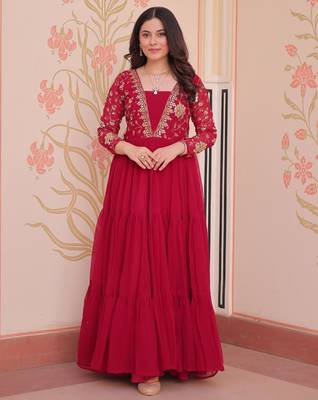Pink Faux Georgette Embroidery Zari Sequins Ruffle Flared Gown 4