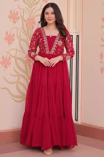 Pink Faux Georgette Embroidery Zari Sequins Ruffle Flared Gown