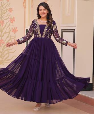 Purple Faux Georgette Embroidery Zari Sequins Ruffle Flared Gown 1