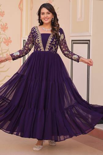 Purple Faux Georgette Embroidery Zari Sequins Ruffle Flared Gown