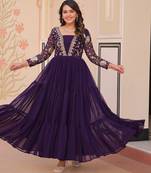 Purple Faux Georgette Embroidery Zari Sequins Ruffle Flared Gown