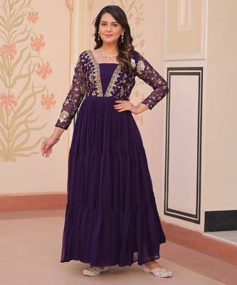 Purple Faux Georgette Embroidery Zari Sequins Ruffle Flared Gown 4