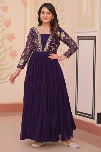 Purple Faux Georgette Embroidery Zari Sequins Ruffle Flared Gown