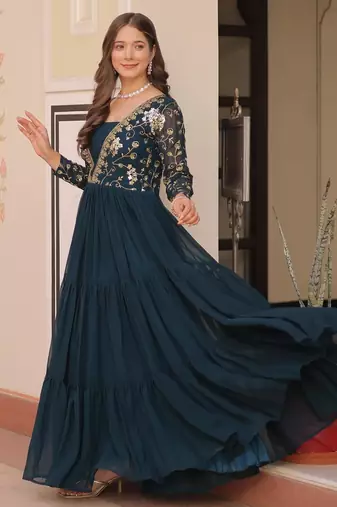 Rama Faux Georgette Embroidery Zari Sequins Ruffle Flared Gown