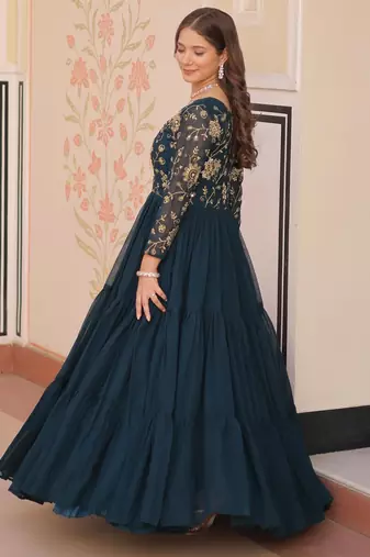 Rama Faux Georgette Embroidery Zari Sequins Ruffle Flared Gown