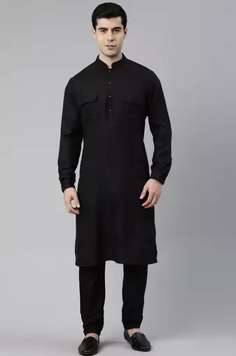 Black cotton pathani kurta pajama with patch pocket