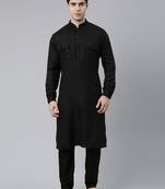 Black cotton pathani kurta pajama with patch pocket