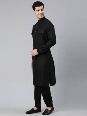 Black cotton pathani kurta pajama with patch pocket 3